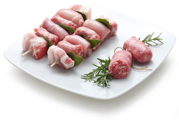 pronti a cuocere SPIEDINI MISTI<br/> CON ALLORO<br/> 400g F.B.M. Lavorazione carni srl - Il Borgo della Freschezza